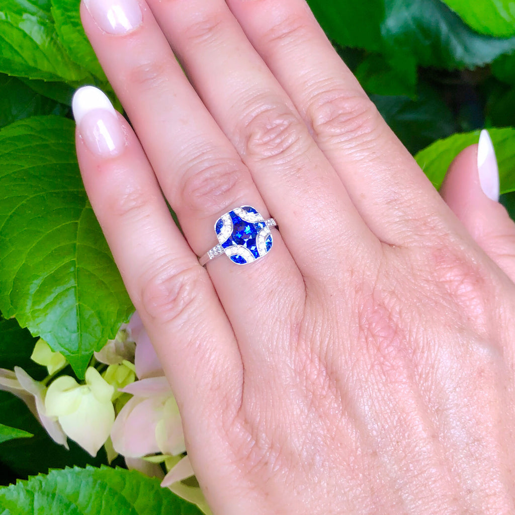 Art Deco Style Sapphire and Diamond Platinum Ring