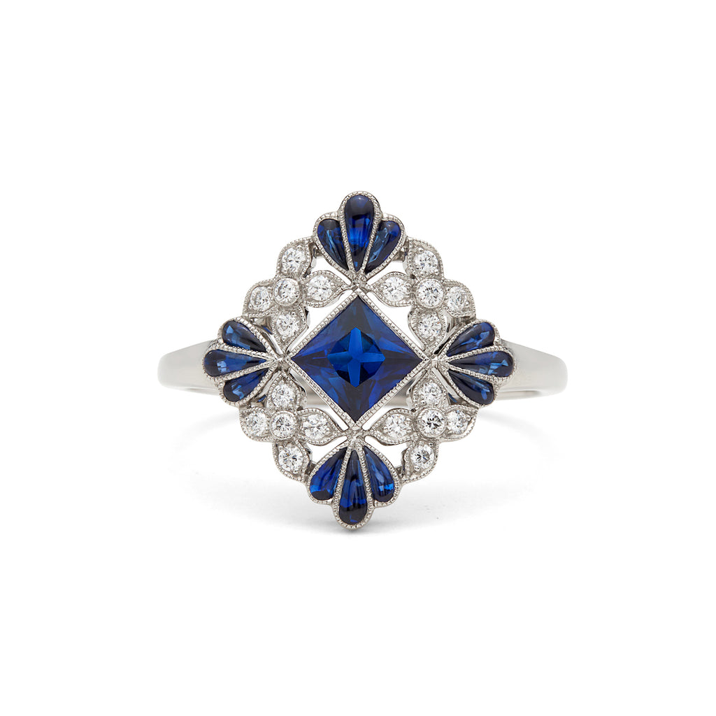 Lovely Floral Sapphire & Diamond Platinum Ring