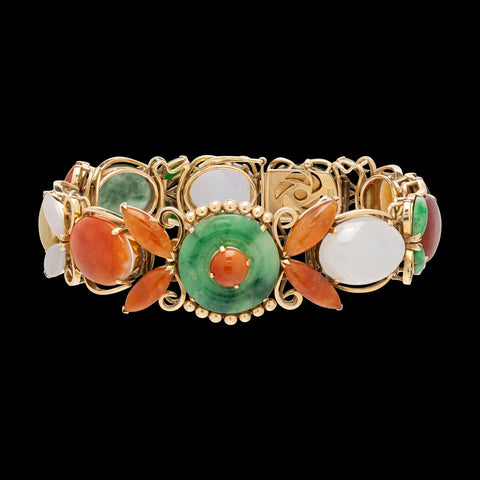 Vintage Multi-Color Jade & 14k Gold Bracelet
