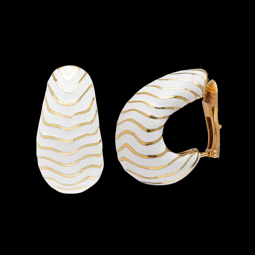 David Webb White Enamel & 18k Gold Hoop Earrings