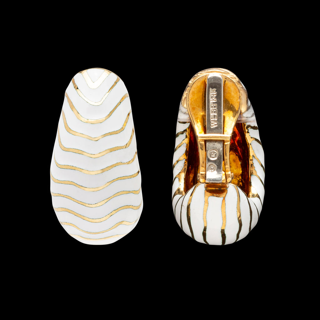 David Webb White Enamel & 18k Gold Hoop Earrings