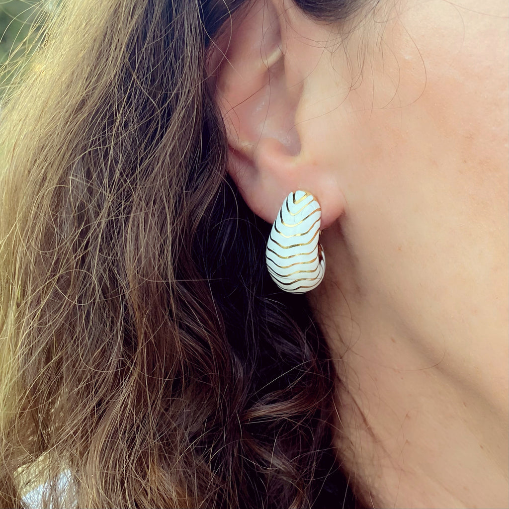 David Webb White Enamel & 18k Gold Hoop Earrings