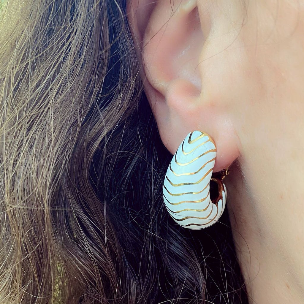 David Webb White Enamel & 18k Gold Hoop Earrings