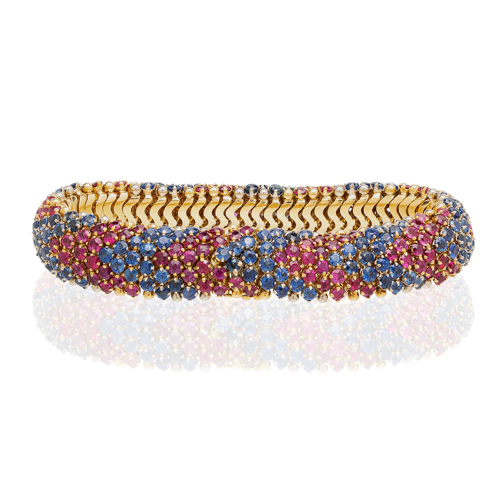 Vintage Sapphire and Ruby 18k Gold Flexible Bracelet