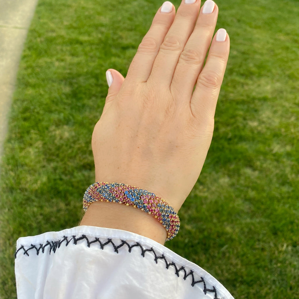 Vintage Sapphire and Ruby 18k Gold Flexible Bracelet