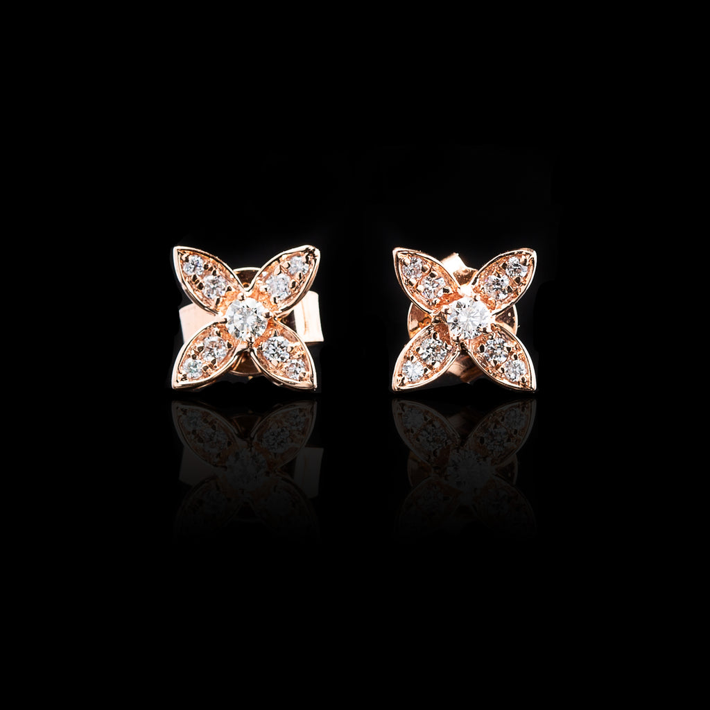 "Four Petal Flower" Diamond Rose Gold Earrings