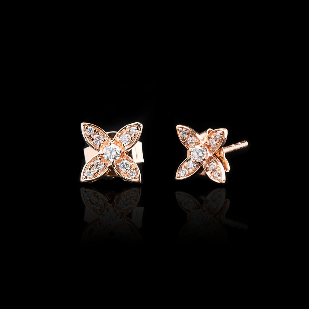 "Four Petal Flower" Diamond Rose Gold Earrings