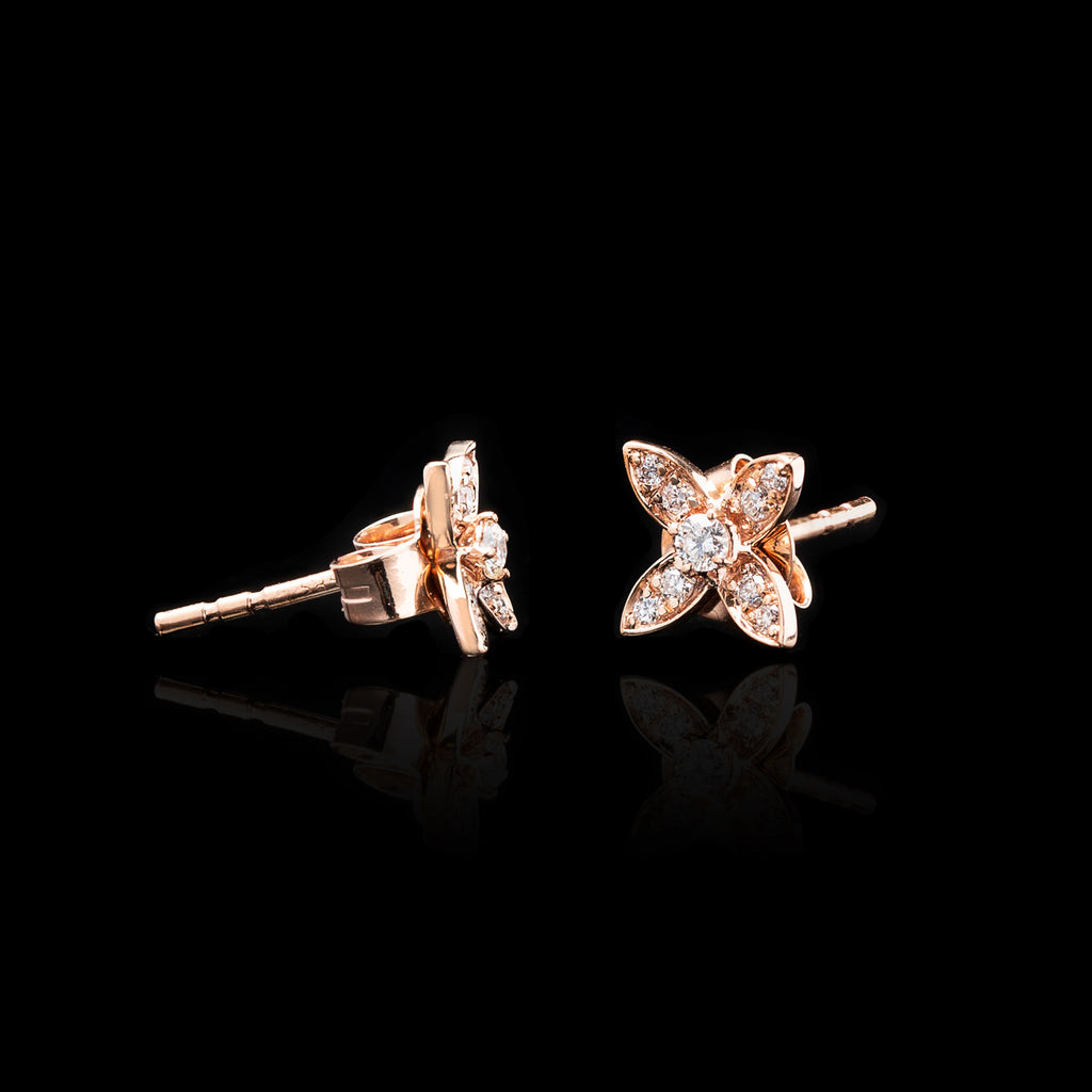 "Four Petal Flower" Diamond Rose Gold Earrings