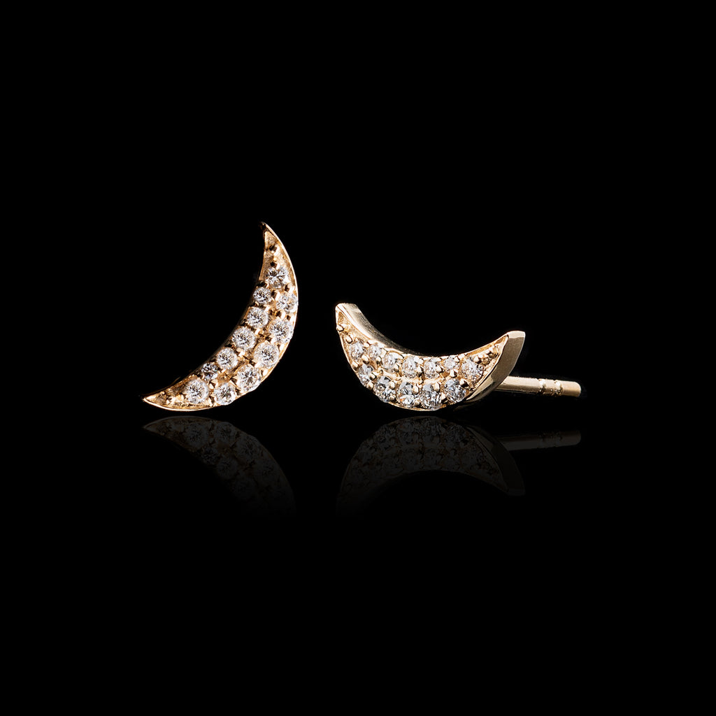"Small Crescent Moon" Diamond & Gold Earrings