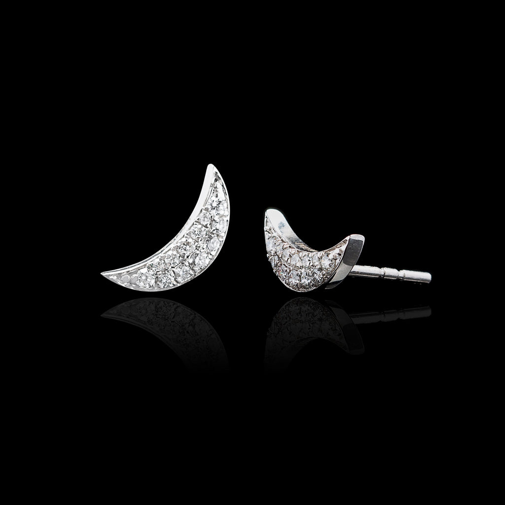 "Small Crescent Moon" Diamod & White Gold Earrings