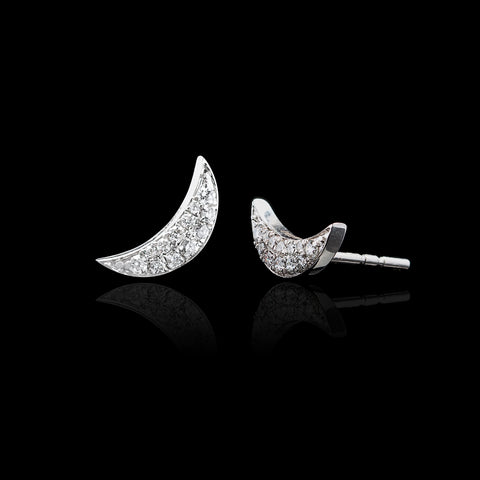 "Small Crescent Moon" Diamod & White Gold Earrings
