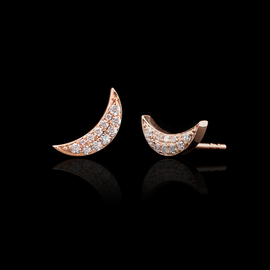 "Small Crescent Moon" Diamond & Rose Gold Earrings