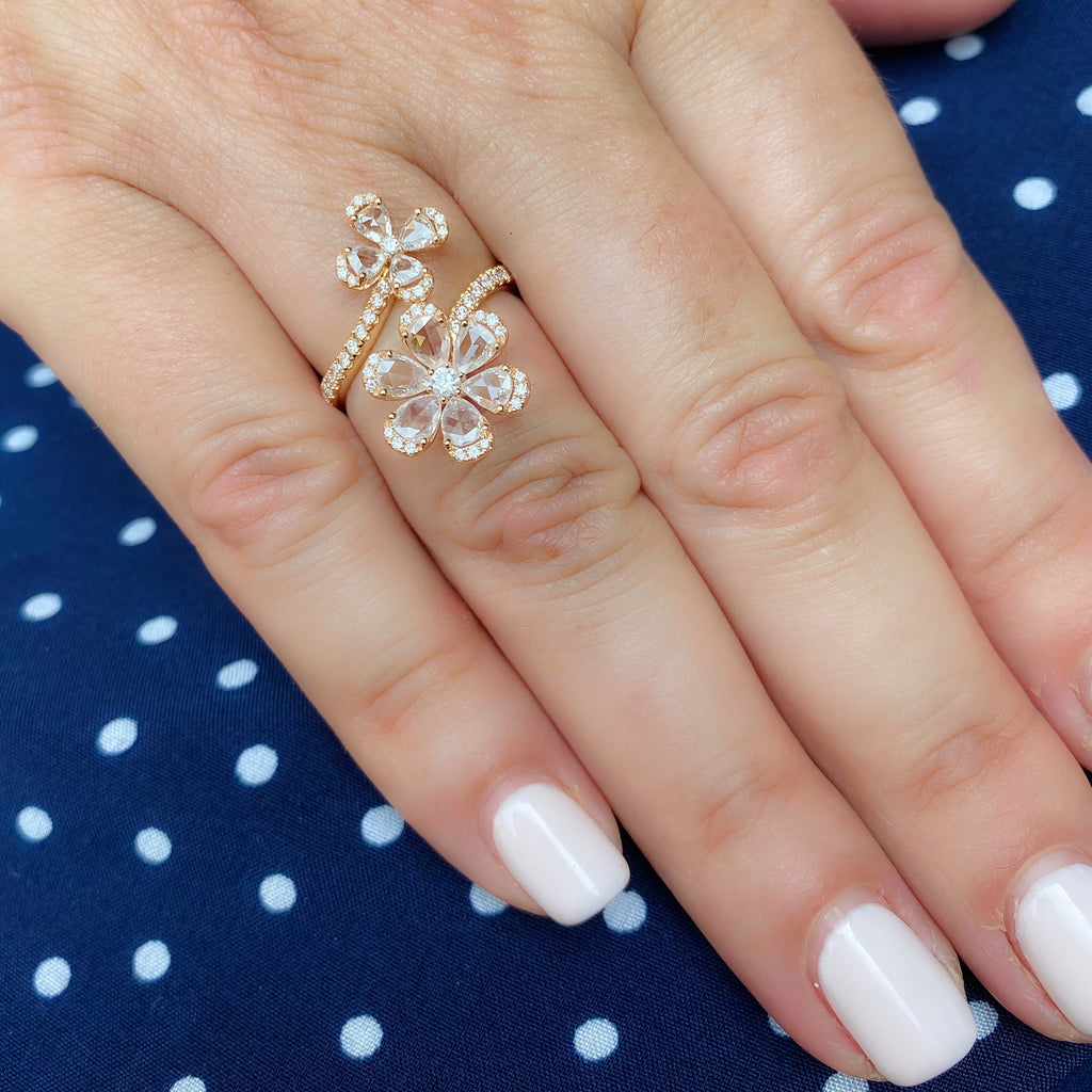 Diamond and Rose Gold Floral Bypass Ring