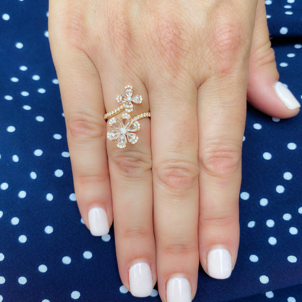 Diamond and Rose Gold Floral Bypass Ring