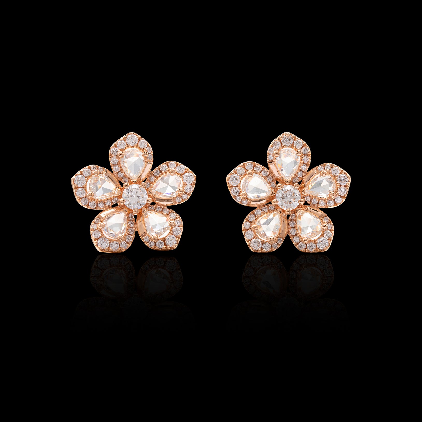 Diamond and Rose Gold Flower Earrings - Main Image