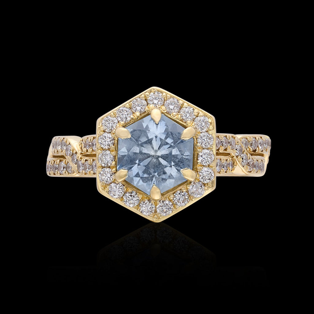 Unique Light Blue Hexagon Cut Sapphire & Diamond Ring