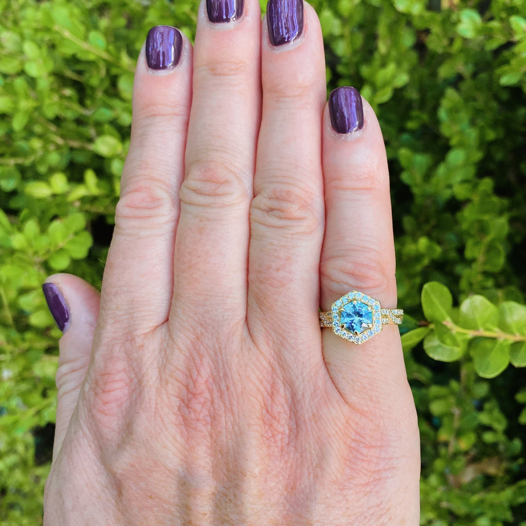 Unique Light Blue Hexagon Cut Sapphire & Diamond Ring