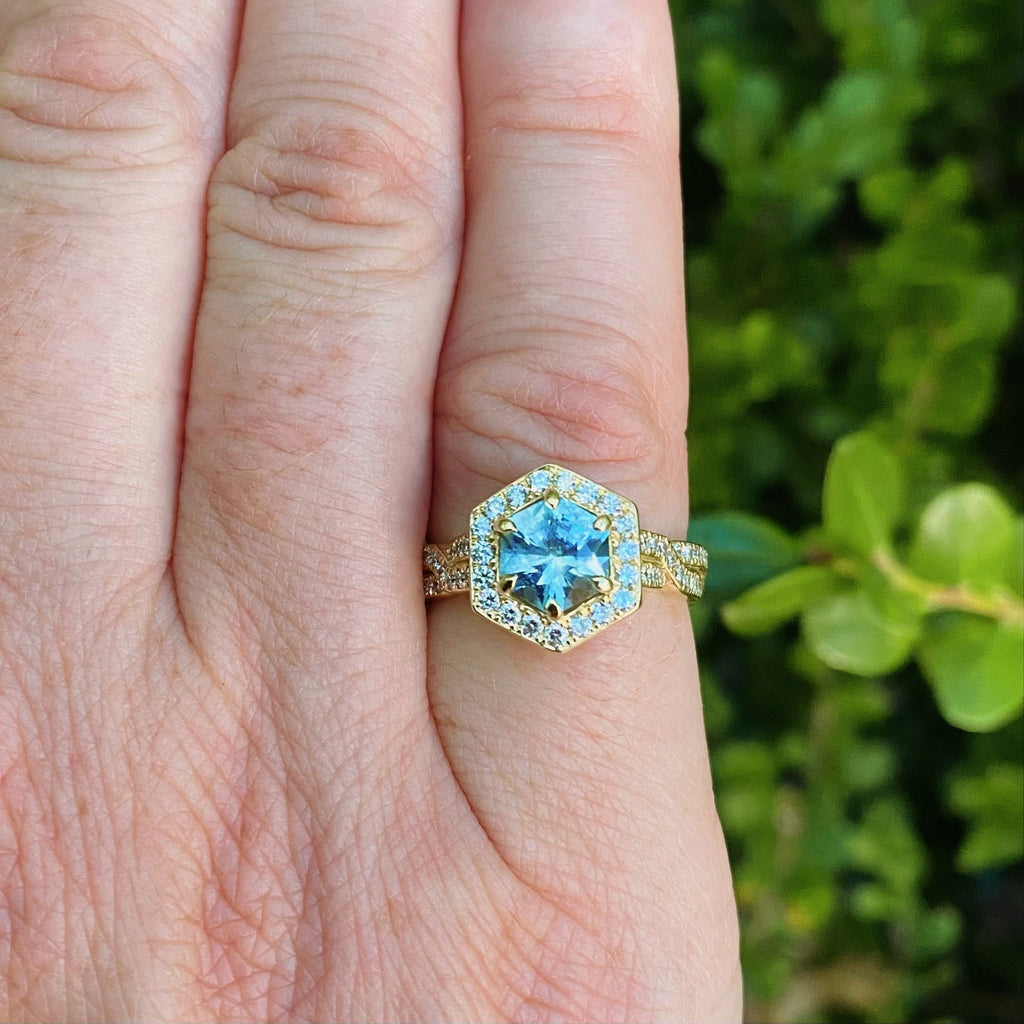 Unique Light Blue Hexagon Cut Sapphire & Diamond Ring