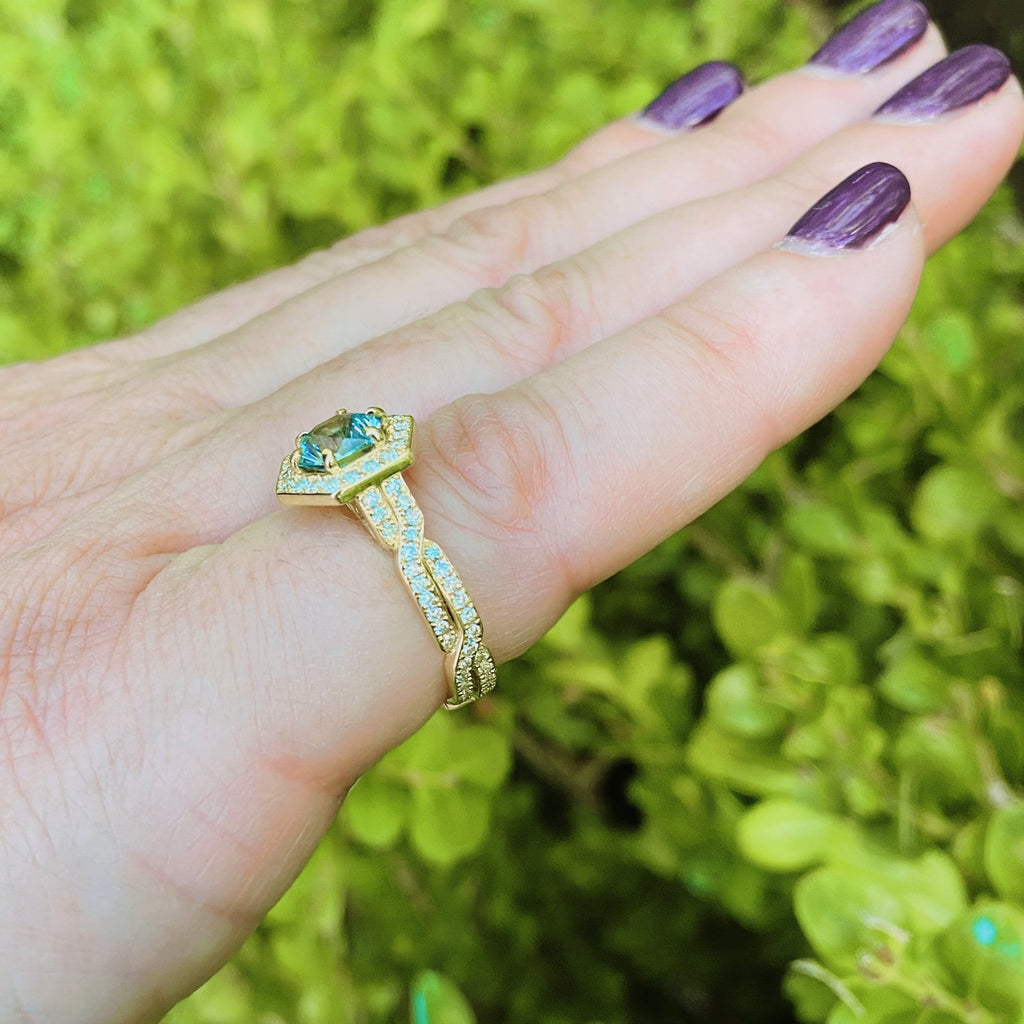 Unique Light Blue Hexagon Cut Sapphire & Diamond Ring