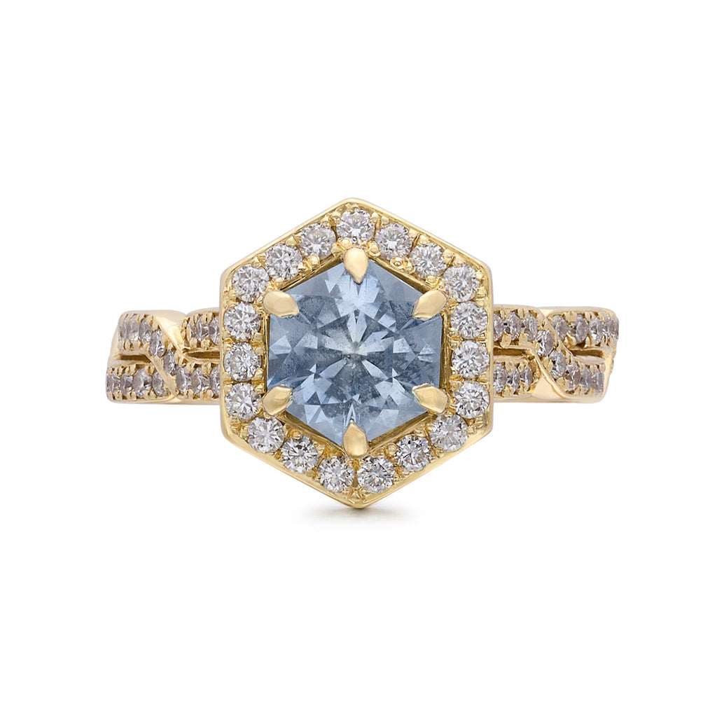 Unique Light Blue Hexagon Cut Sapphire & Diamond Ring