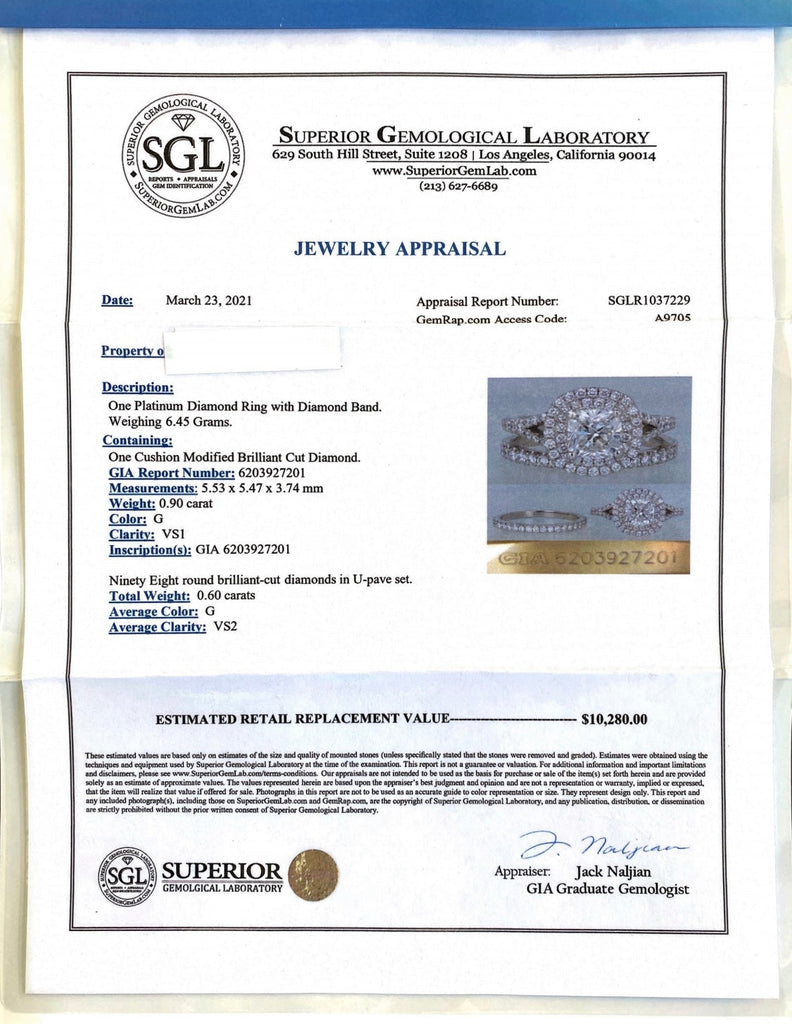 GIA Cushion Cut Diamond Halo Platinum Ring