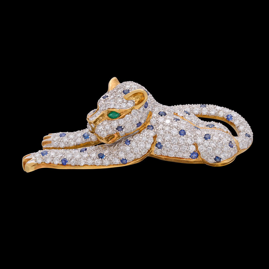 Exceptional Diamond, Emerald & Sapphire Vintage Leopard Brooch