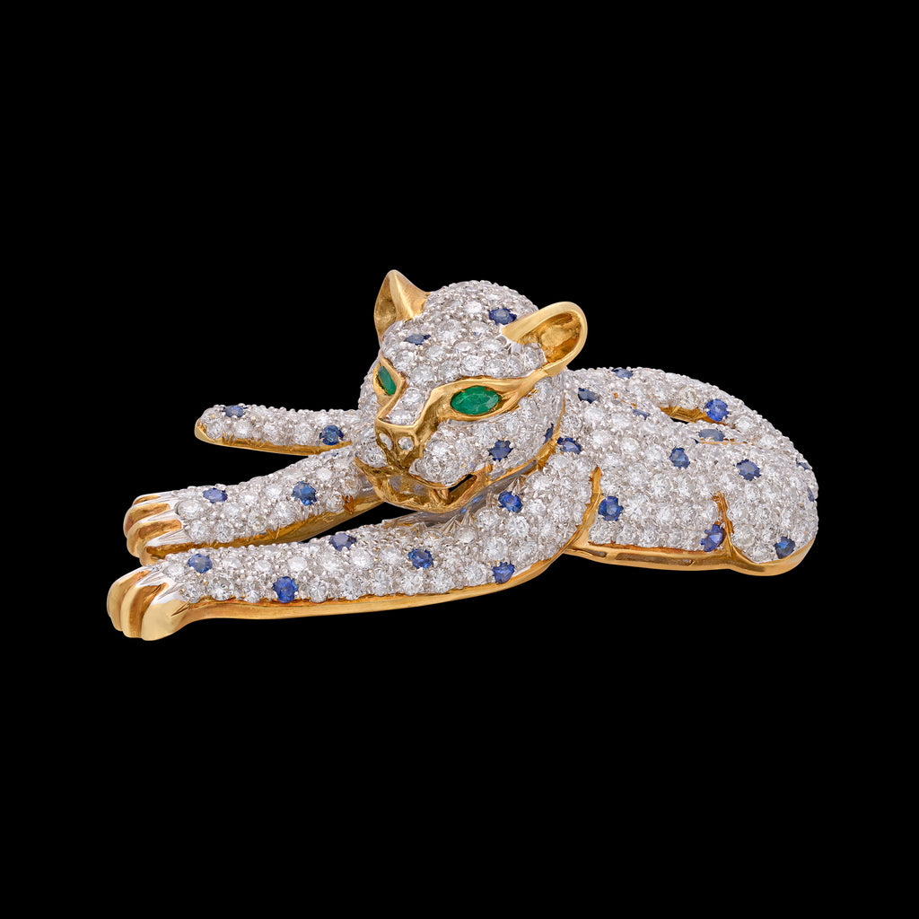 Exceptional Diamond, Emerald & Sapphire Vintage Leopard Brooch