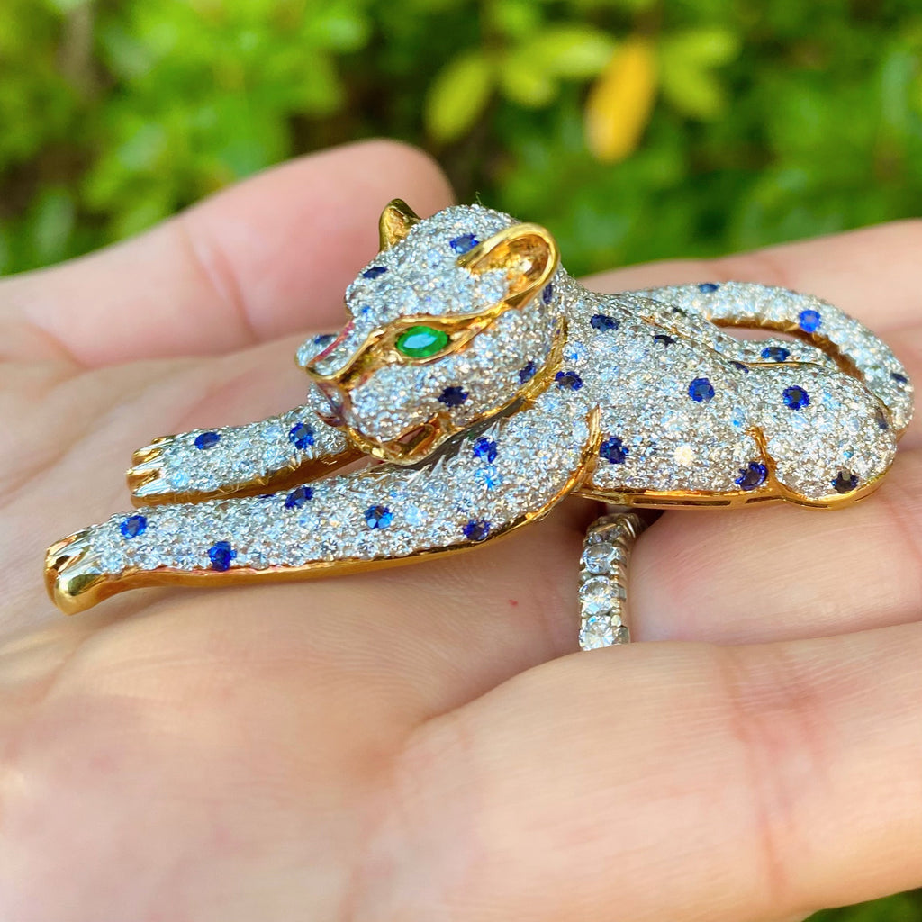 Exceptional Diamond, Emerald & Sapphire Vintage Leopard Brooch