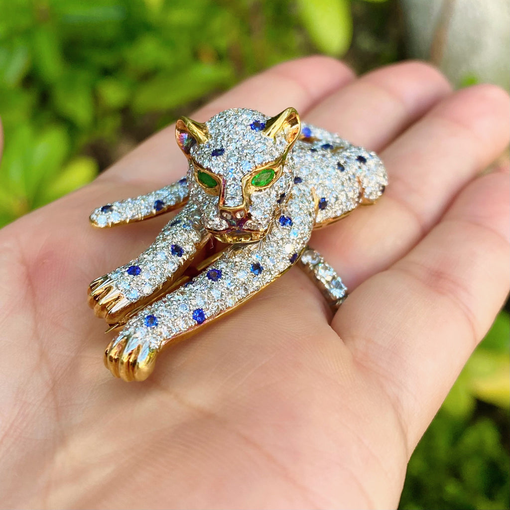 Exceptional Diamond, Emerald & Sapphire Vintage Leopard Brooch