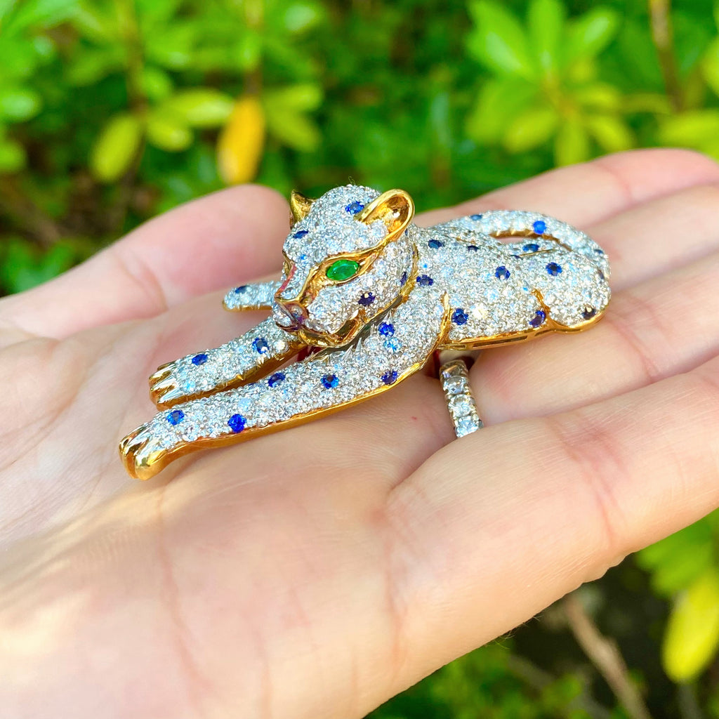 Exceptional Diamond, Emerald & Sapphire Vintage Leopard Brooch