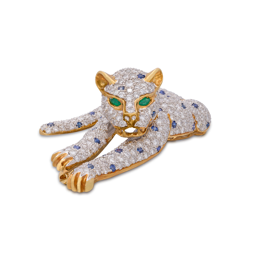 Exceptional Diamond, Emerald & Sapphire Vintage Leopard Brooch