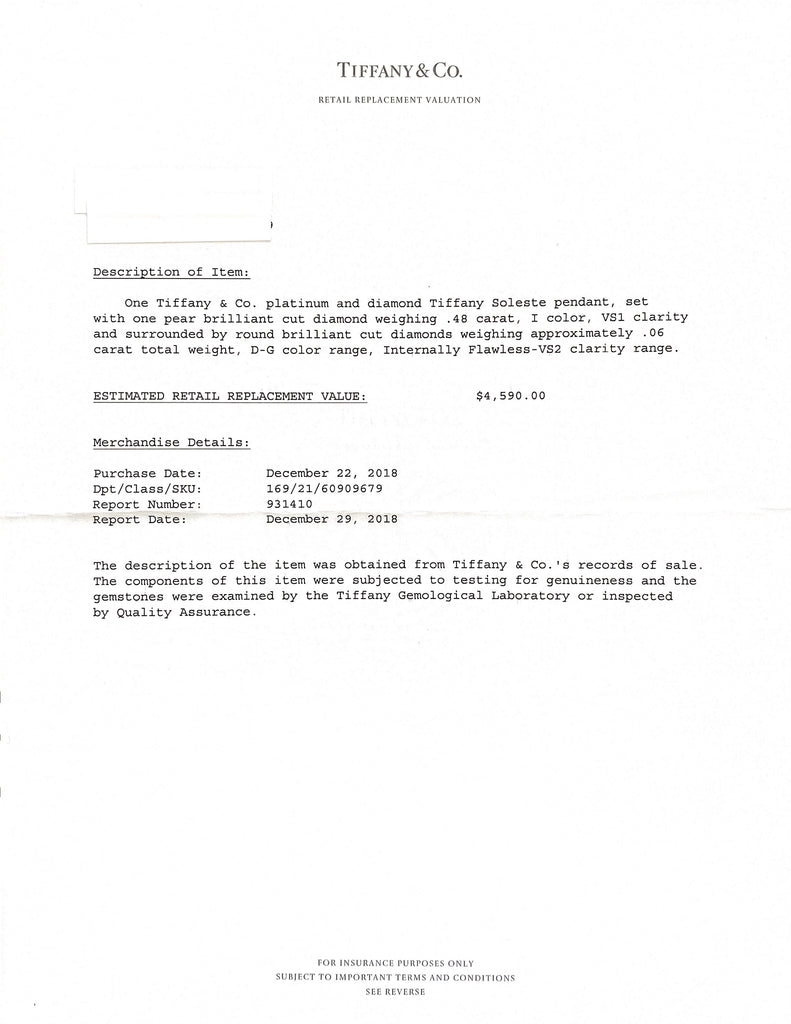 Tiffany & Co. "Soleste" Pear Shaped Diamond Pendant Necklace