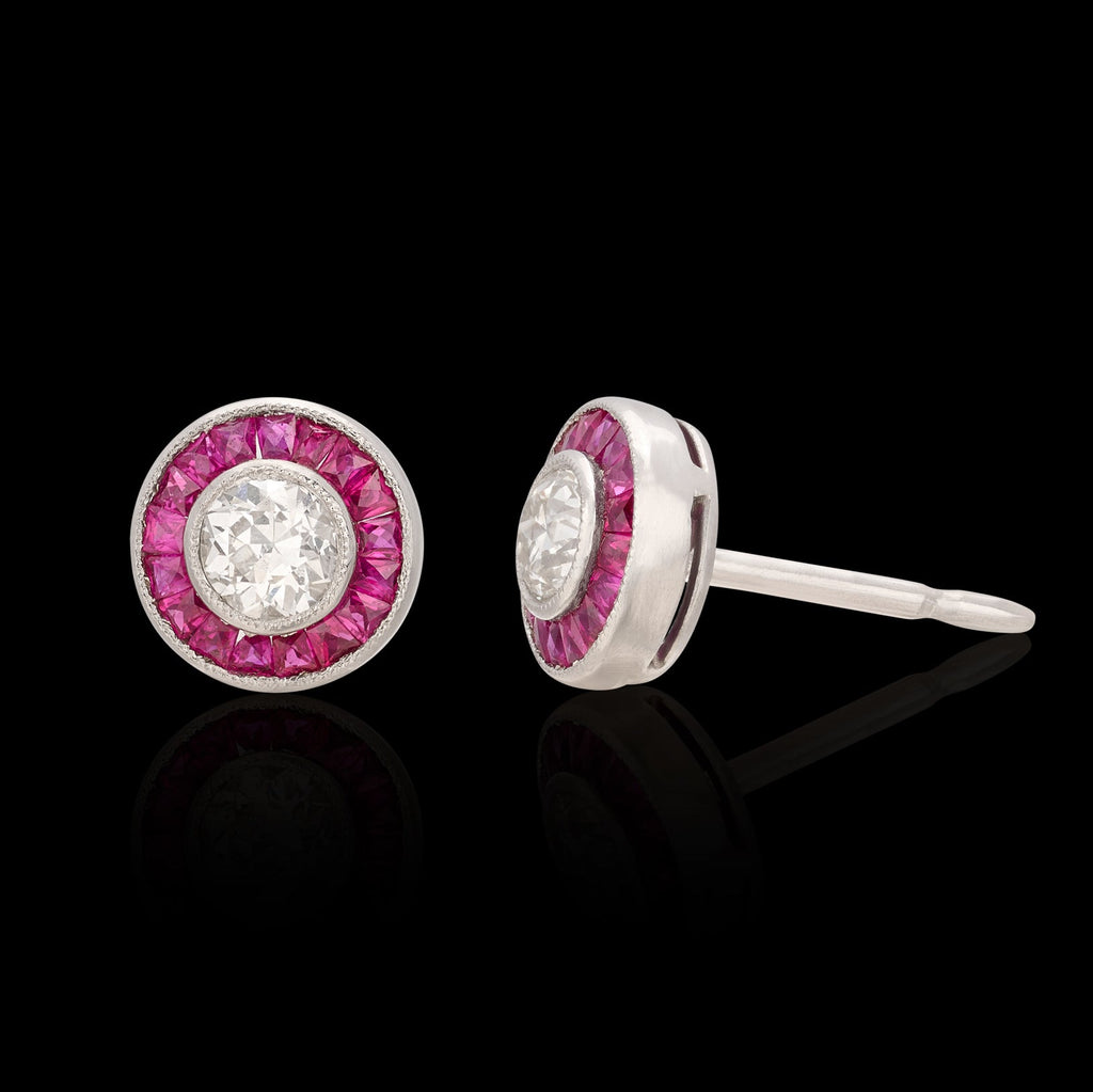 Old Euro Diamond Stud Platinum Earrings with Ruby Halos