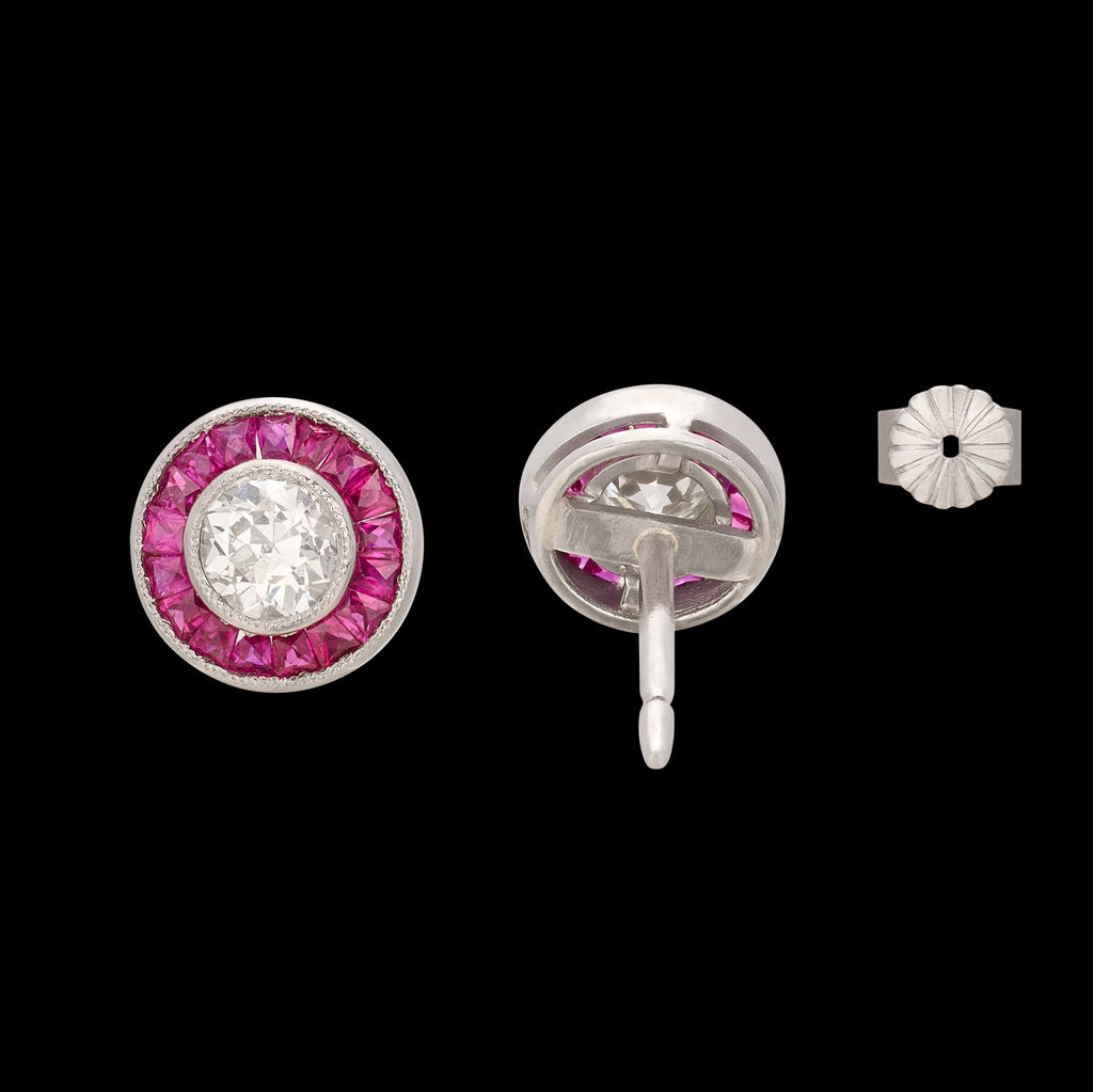 Old Euro Diamond Stud Platinum Earrings with Ruby Halos