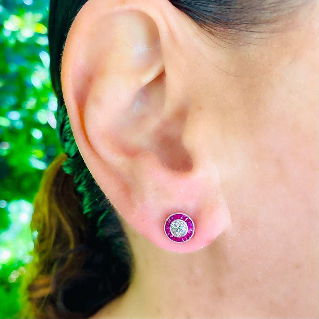 Old Euro Diamond Stud Platinum Earrings with Ruby Halos