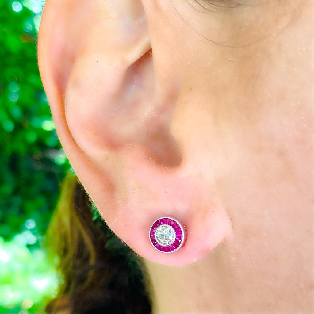 Old Euro Diamond Stud Platinum Earrings with Ruby Halos