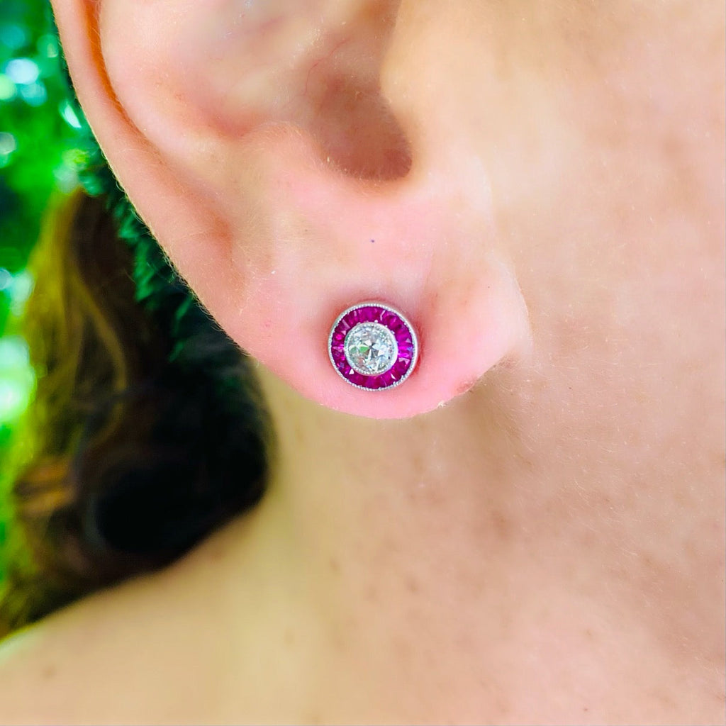 Old Euro Diamond Stud Platinum Earrings with Ruby Halos