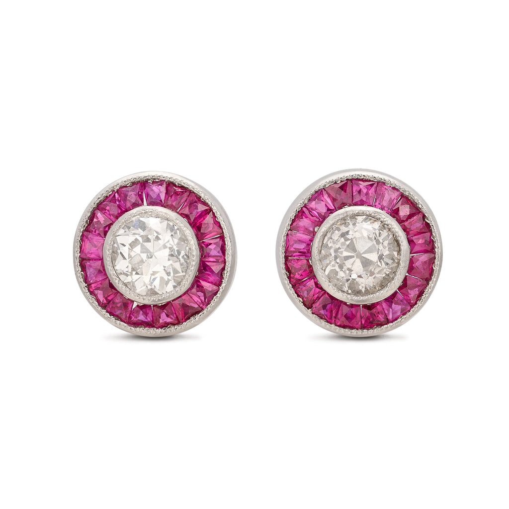 Old Euro Diamond Stud Platinum Earrings with Ruby Halos