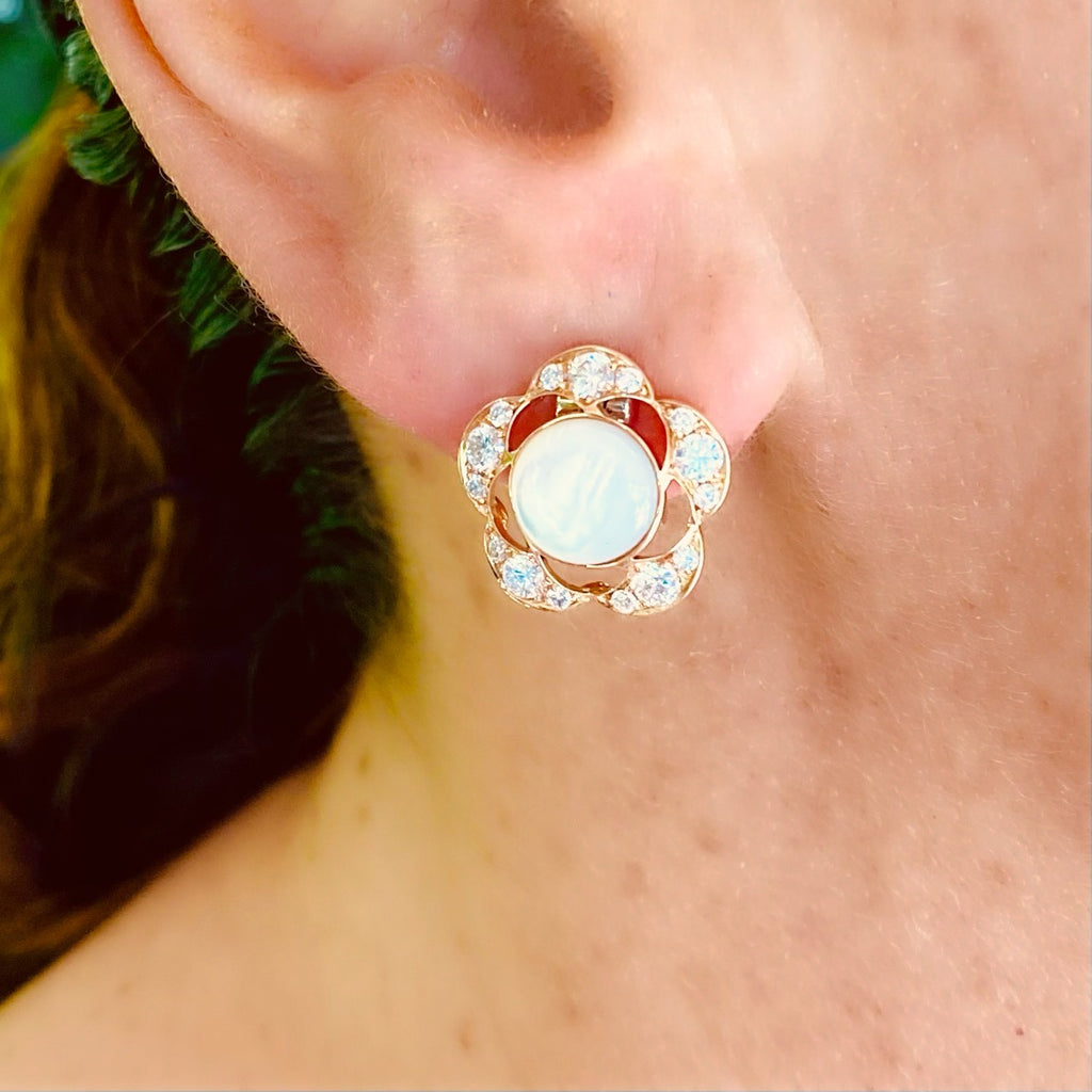 18k Rose & White Gold Mother of Pearl & Diamond Earrings