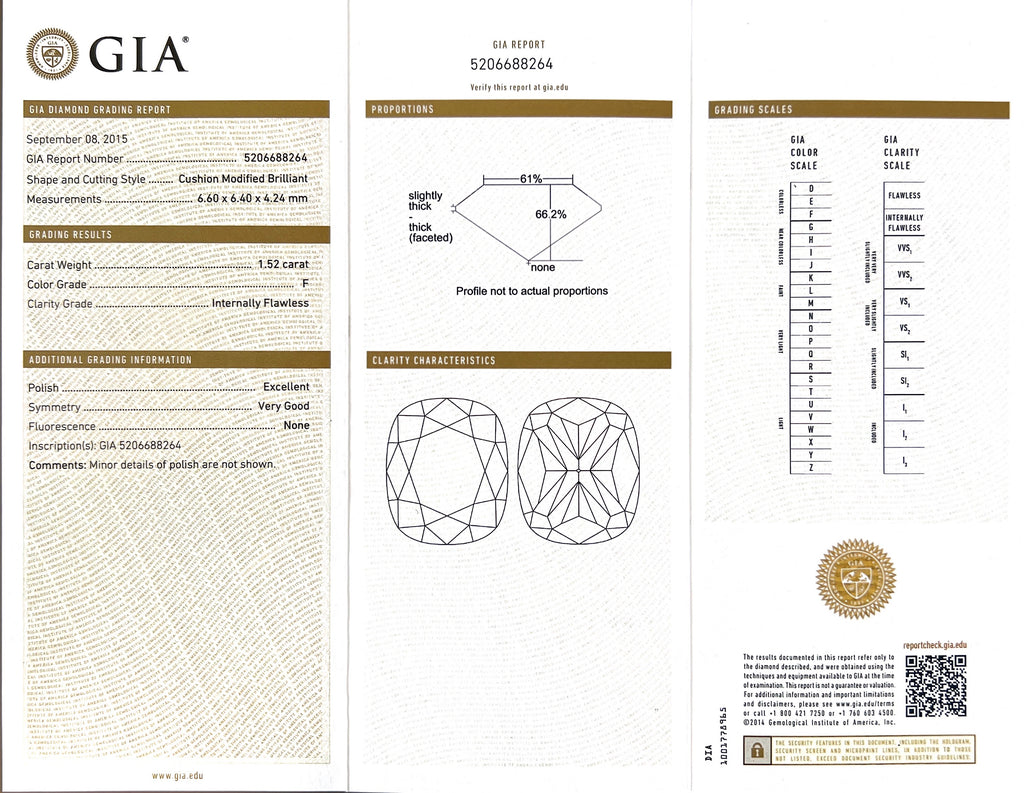 GIA 1.52-cts. F/IF Cushion Diamond & Platinum Engagement Ring