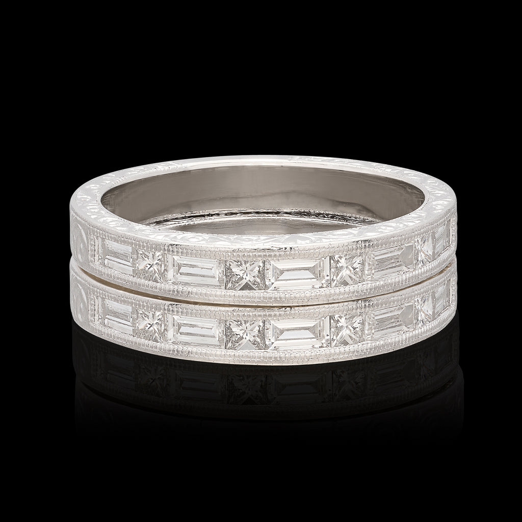 Diamond and Platinum Engraved Stacking Bands