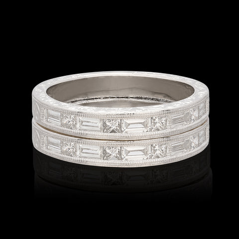 Diamond and Platinum Engraved Stacking Bands