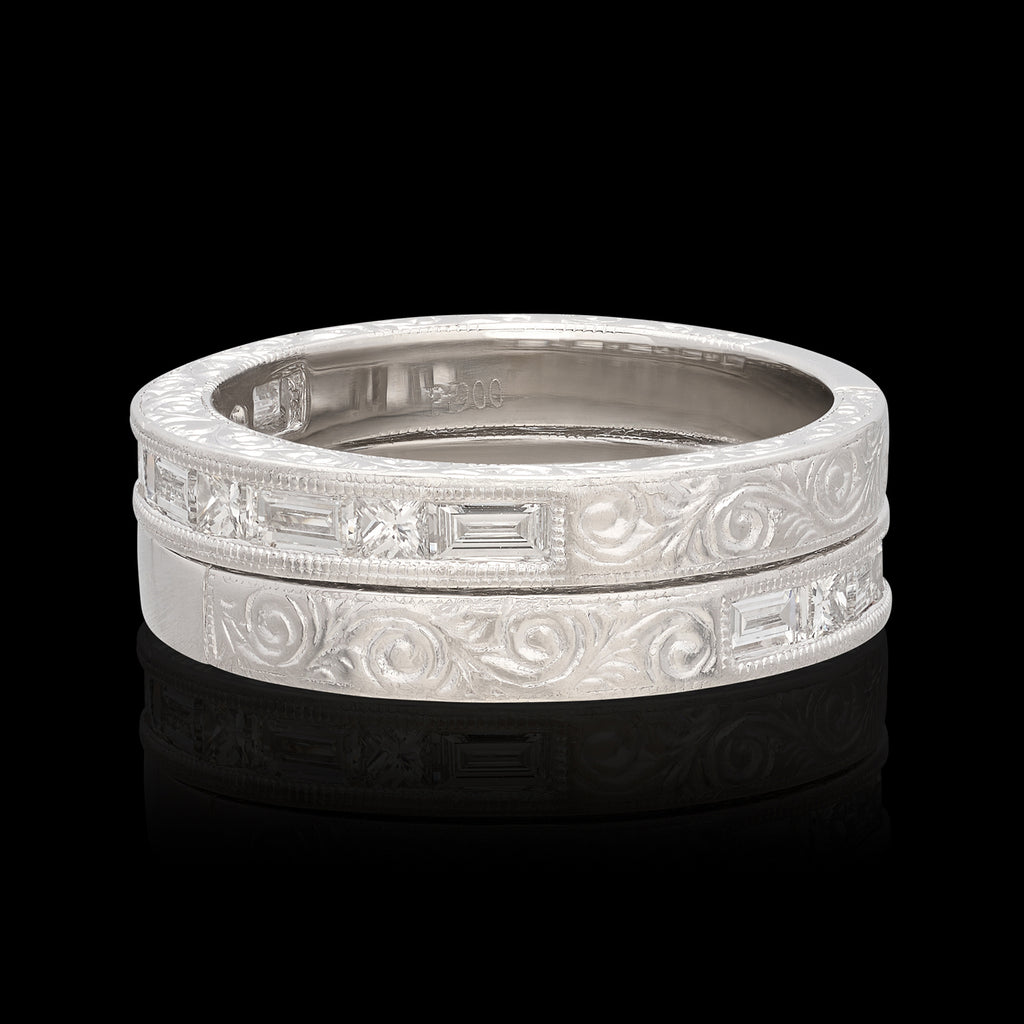 Diamond and Platinum Engraved Stacking Bands
