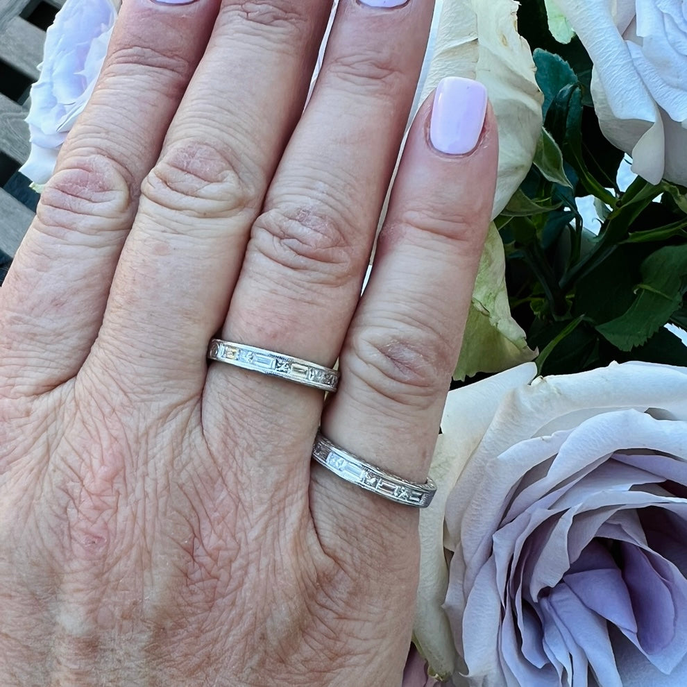 Diamond and Platinum Engraved Stacking Bands