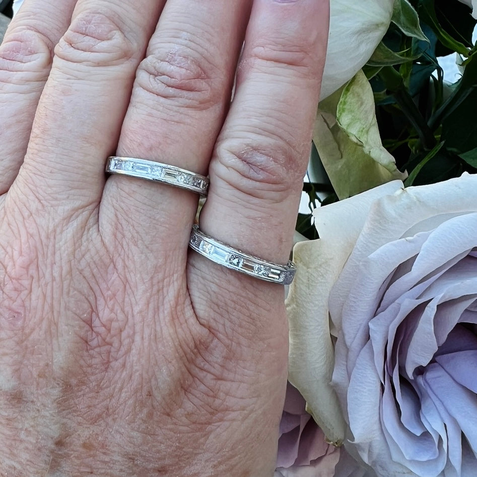 Diamond and Platinum Engraved Stacking Bands