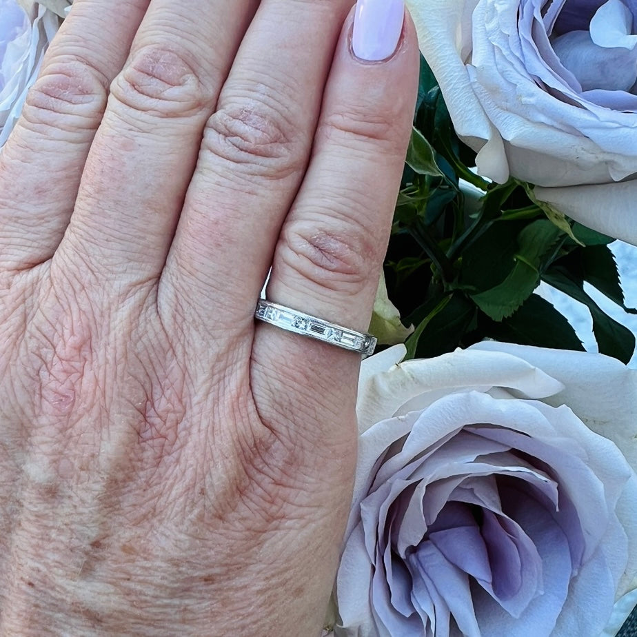 Diamond and Platinum Engraved Stacking Bands