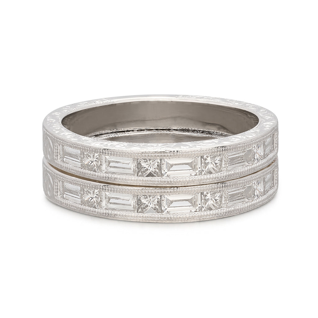 Diamond and Platinum Engraved Stacking Bands