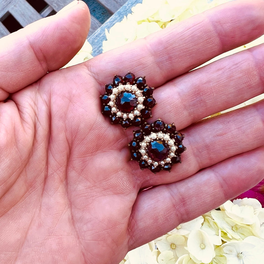 Antique Bohemian Garnet & Seed Pearl Earrings