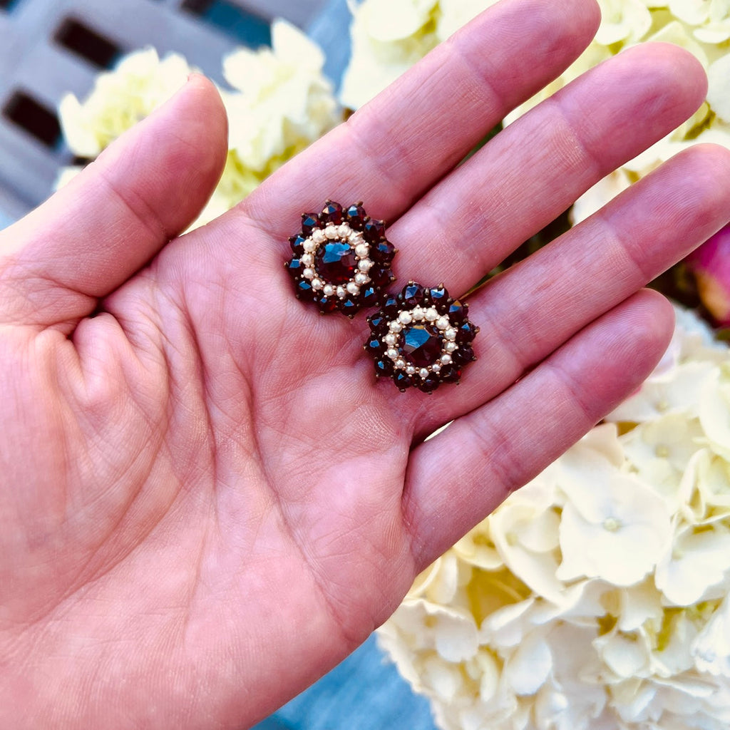 Antique Bohemian Garnet & Seed Pearl Earrings