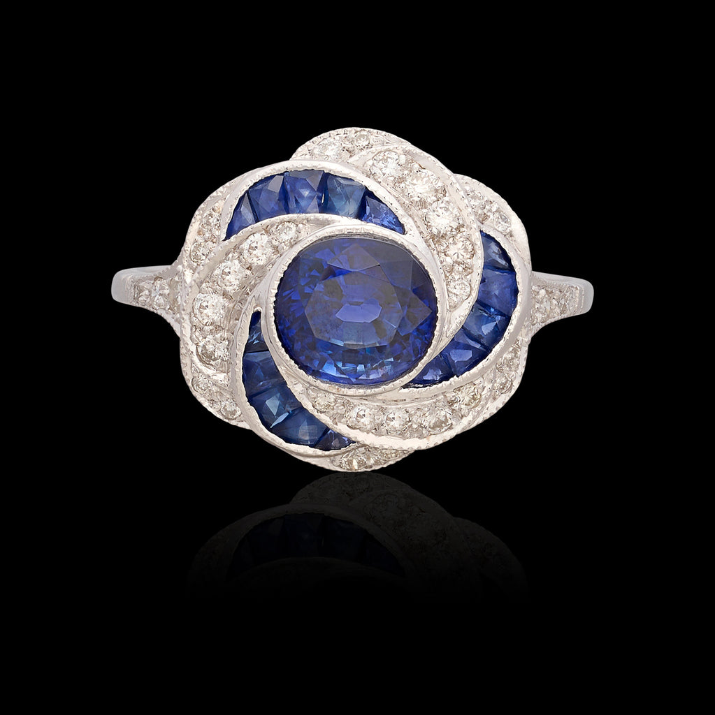 Unique Art Deco Inspired Sapphire & Diamond 18k Ring